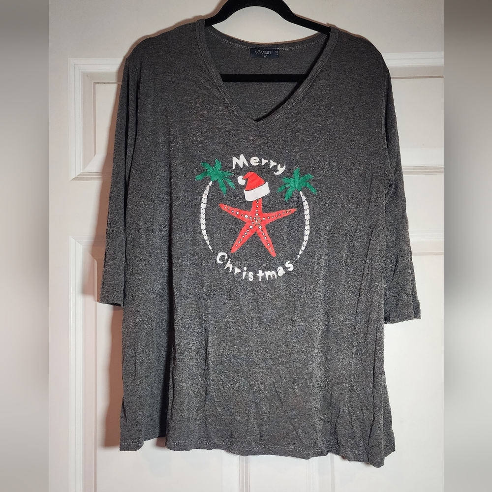 Scarlett Plus Gray Merry Christmas Graphic 3/4 Sleeve Top 1X
